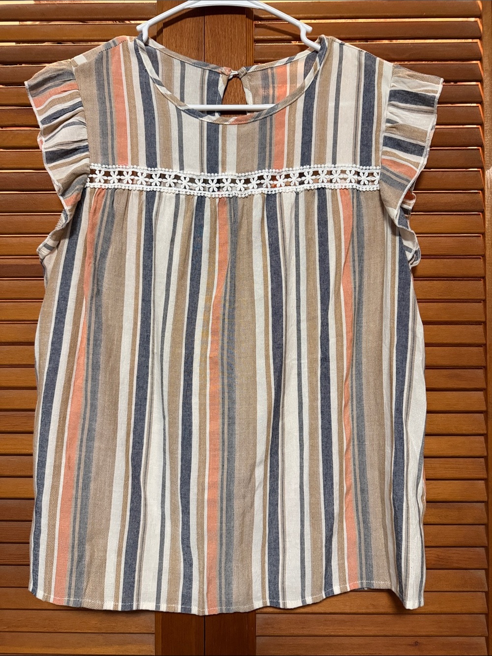 Striped Flutter Sleeve Blouse in Cream, Tan & Navy